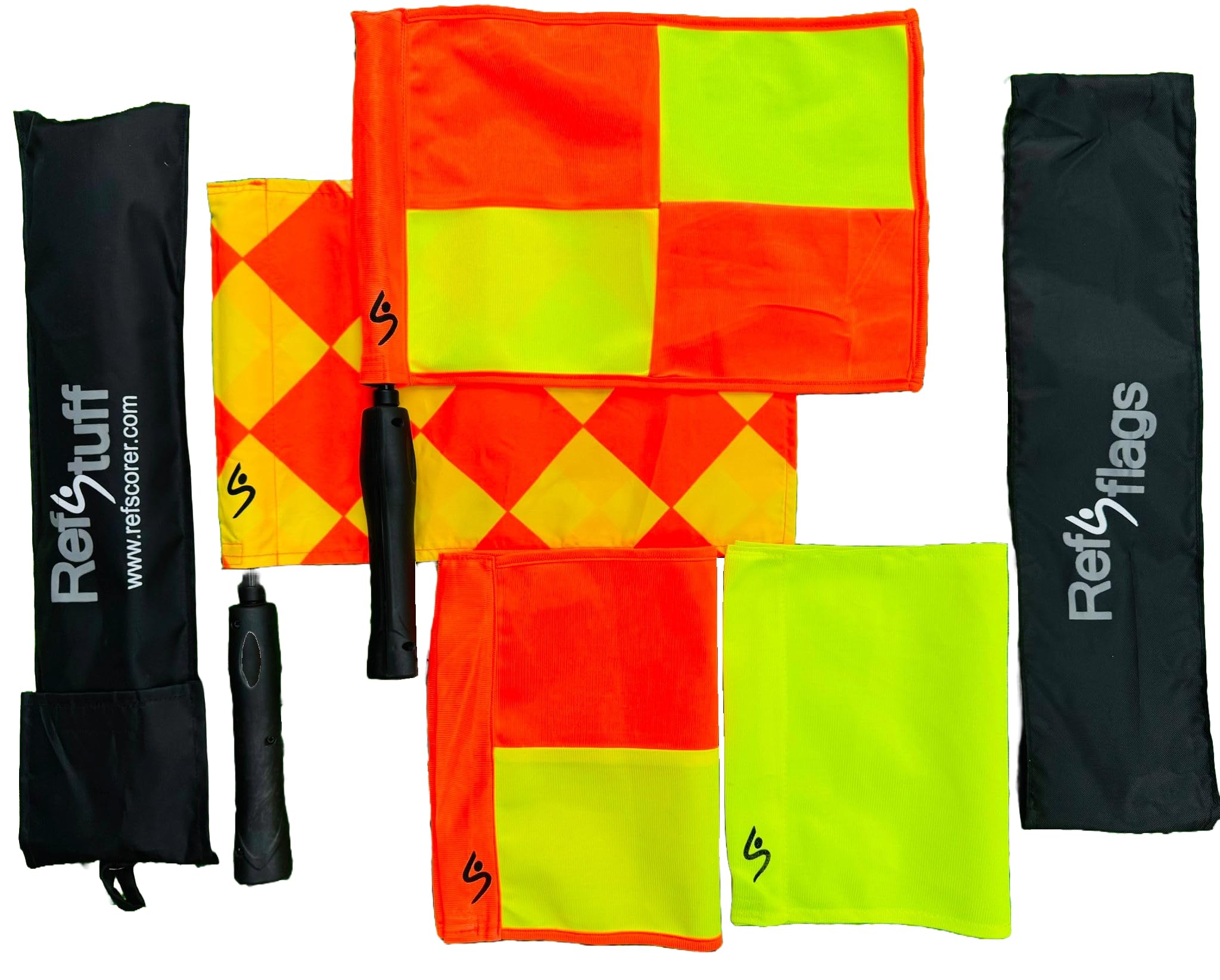 RefStuff Football Referee PRO Flags (Pair) Assistant Referee Linesman Flags NEW and IMPROVED and RE-INFORCED STRENGTHENED and Now Supplied With FOUR Changeable Flag Cloths of 3 Designs!!!