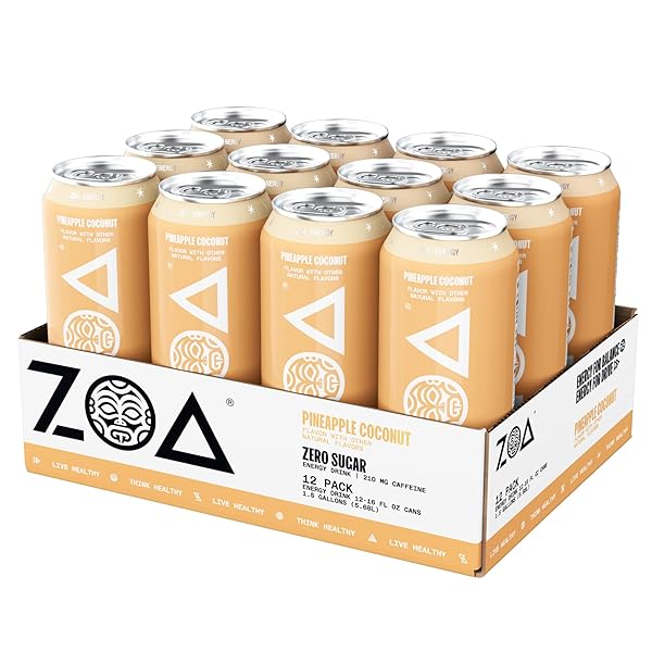 ZOA ZERO SUGAR ENERGY DRINKS, PINEAPPLE COCONUT – SUGAR FREE WITH ELECTROLYTES, HEALTHY VITAMIN C, AMINO ACIDS, ESSENTIAL B-VITAMINS, AND CAFFEINE FROM GREEN TEA – 16 FL OZ (12-PACK)