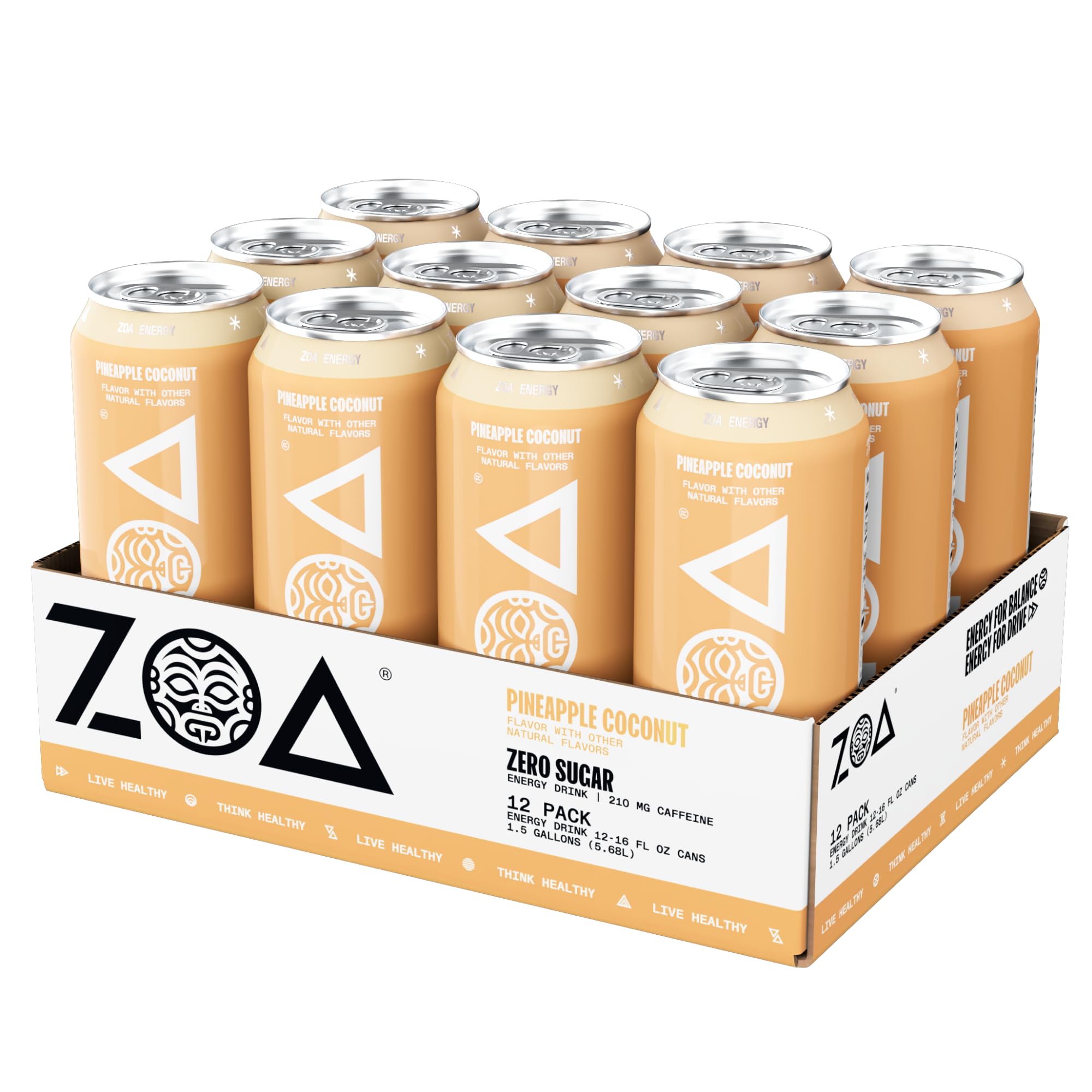 ZOA Zero Sugar Energy Drinks, Pineapple Coconut - Sugar Free with Electrolytes, Healthy Vitamin C, Amino Acids, Essential B-Vitamins, and Caffeine from Green Tea - 16 Fl Oz (12-Pack)