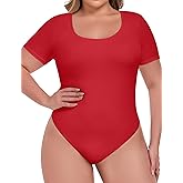 FOREYOND Plus Size Bodysuits for Women Short Sleeve Scoop Neck Bodysuit Short Sleeve Tops Summer Red 5XL