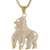 AsAlways 18K Gold Plated Gorilla Pendant Necklace for Men Stainless Steel Hip Hop Shiny Cubic Zirconia Animal Ape Pendant Jewelry Gift