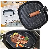 Nonstick Grill Pan with Folding Handle, 11in/ 28cm Lightweight Grill Pan for Stove Tops, 1.76lbs Versatile Griddle Pans with Pour Spouts, Square Grilling Skillet Steak Pan for Indoor Outdoor Camping