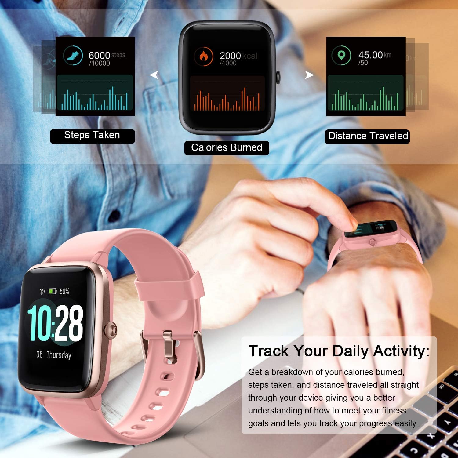Letsfit Smart Watch, Fitness Tracker with Heart Rate Monitor, Activity Tracker with 1.3 Inch Touch Screen, IP68 Waterproof Pedometer Smartwatch with Sleep Monitor, Step Counter for Women and Men