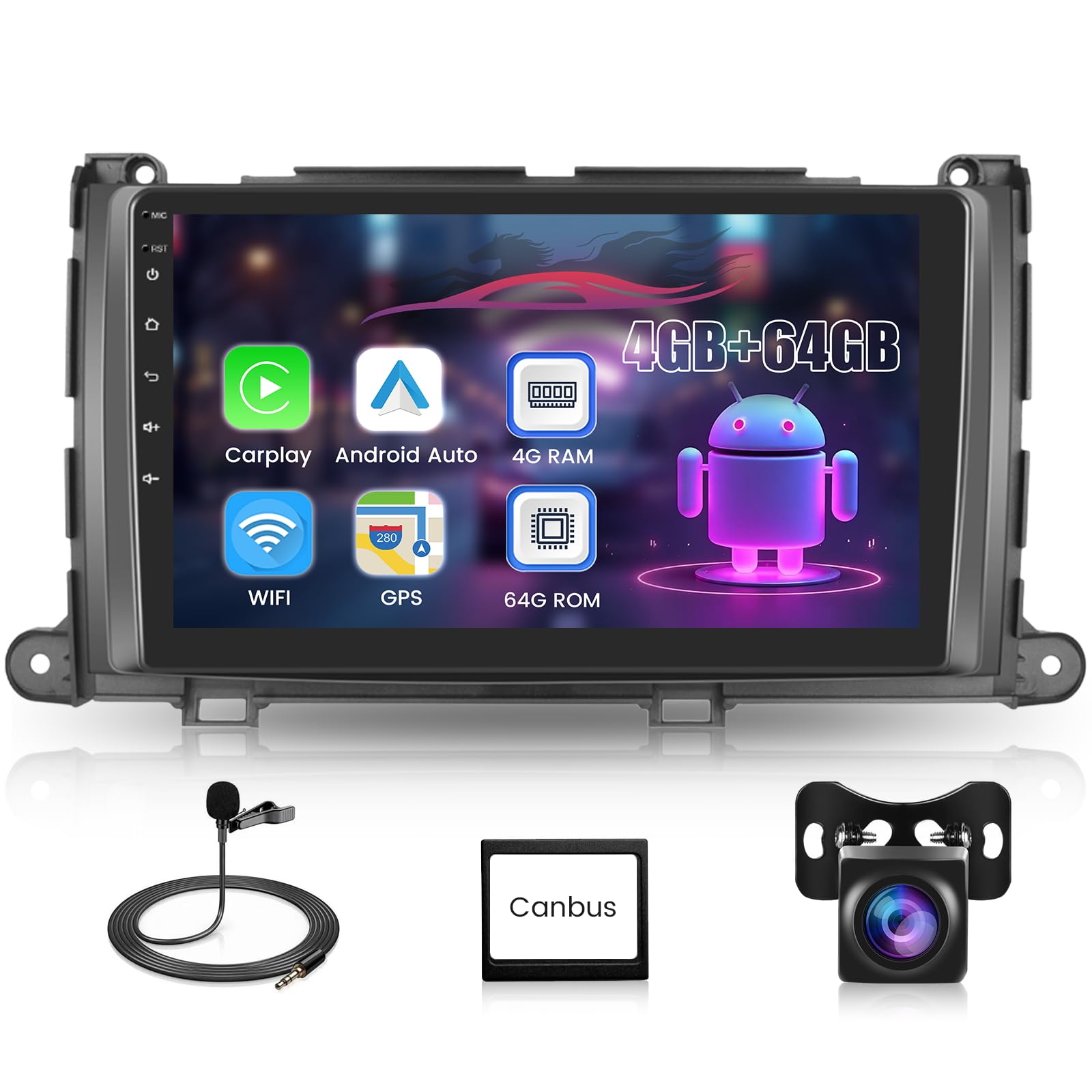 Photo 1 of 8 Core 4G+64G Car Stereo for Toyota Sienna 2011 2012 2013 2014 5G WIFI Wireless Carplay Android Auto DSP, 9-Inch 1280P Touch Screen Car Radio with BT5.0 Mirror Link GPS +Rear View Camera