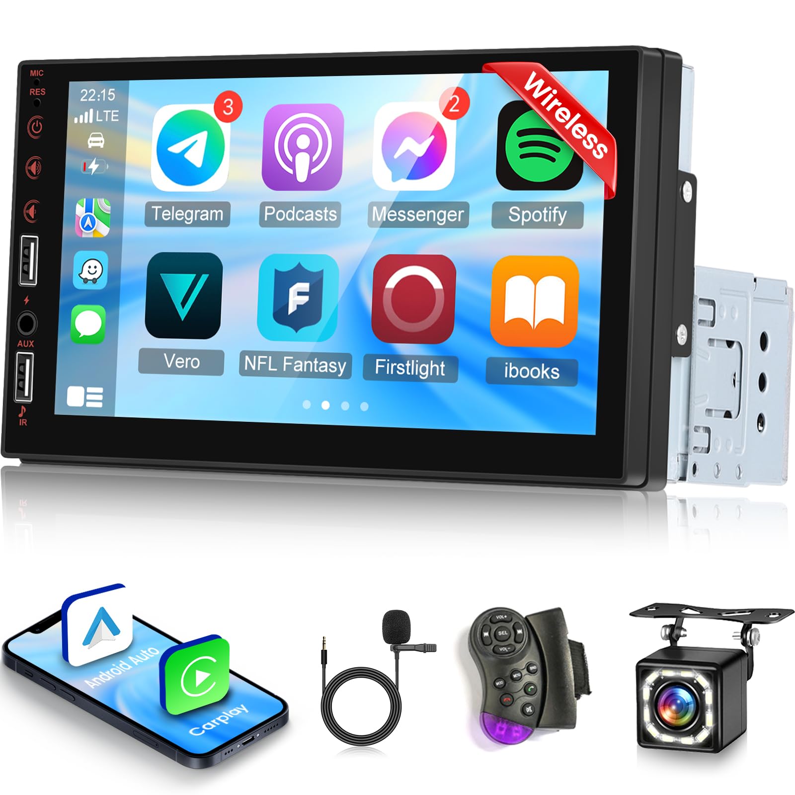 Photo 1 of Single Din Stereo with Wireless Carplay and Android Auto - 7 Inch Touchscreen Car Radio - EQ Audio/Mirror Link/SWC/USB Charging/Bluetooth/FM + 12leds Backup Camera & Microphone