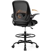 Drafting Chair Tall Office Chair with Flip-up Armrests, Adjustable Height, and Enhanced Lumbar Support - Ergonomic Rolling Stool, Back Support, and Adjustable Foot Rest Ring for Standing Desk Black