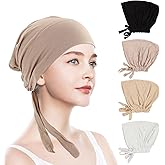 braxan 4 Pcs hijab undercap cap undercaps for no slip caps with Tie Adjustable Islamic women under underscarf (Black + White + Light Beige + Beige)