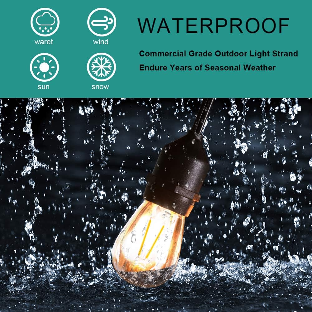 addlon LED Outdoor String Lights 48FT with 2W Dimmable Edison Vintage Plastic Bulbs and Commercial Grade Weatherproof Strand - UL Listed Heavy-Duty Decorative LED Café Patio Light , Porch Market Light: Home Improvement