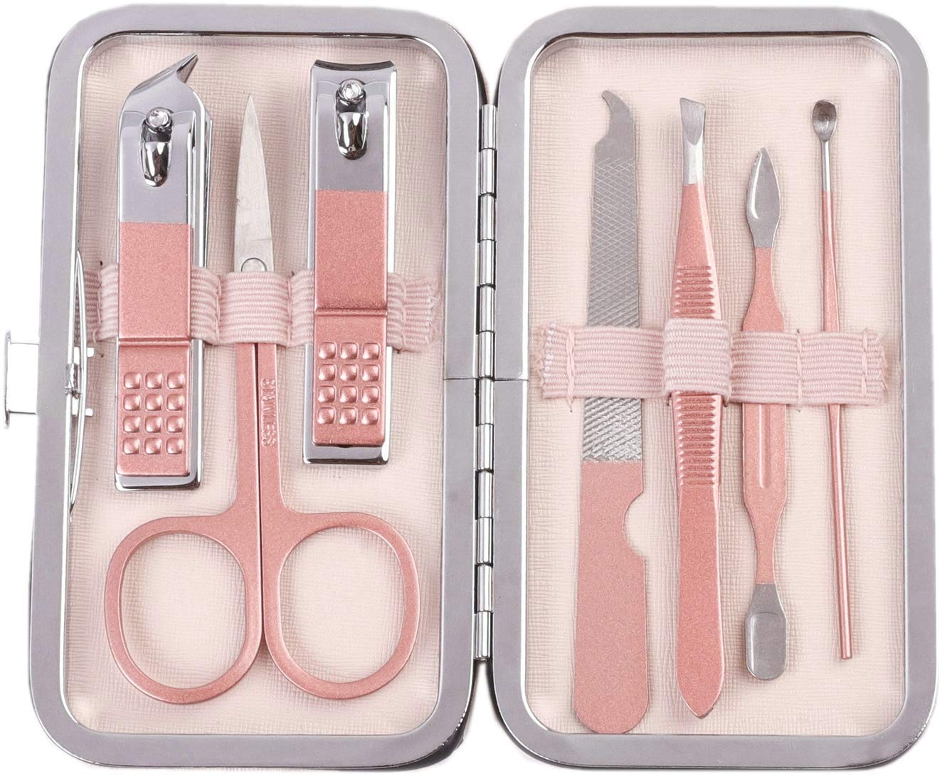 Manicure Pedicure Set Nail Clippers Kit 7 Pcs Stainless Steel Hygiene Kit Portable Nail Trimming set and Grooming Tools with Fine Leather Case [Gift Box] (Rose Gold-7pcs)