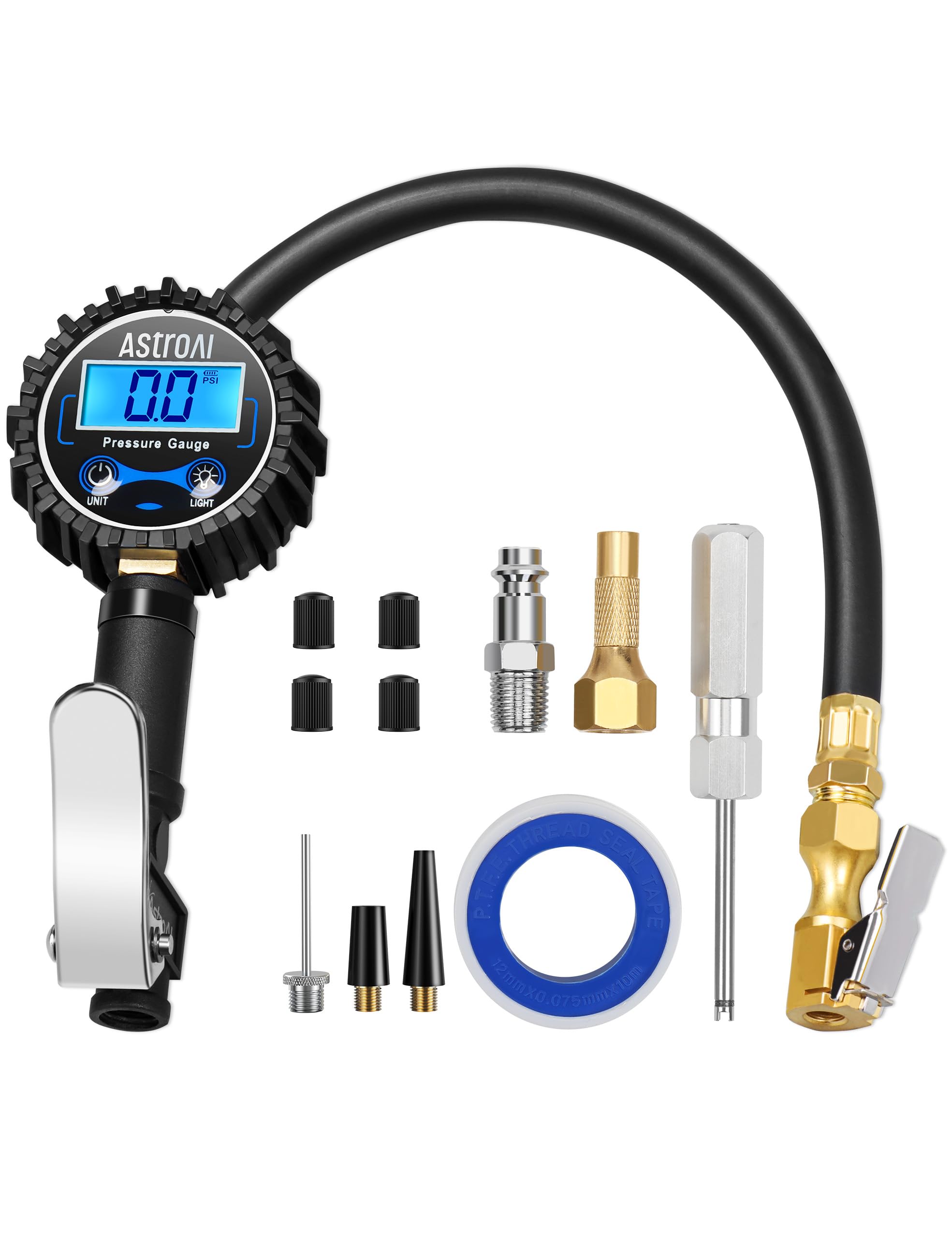 AstroAI Digital Tyre Inflator with Pressure Gauge, 0.1 Display Resolution 250 PSI Air Chuck and Compressor Accessories Heavy Duty with Rubber Hose and Quick Connect Coupler
