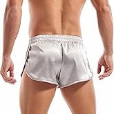 AMY COULEE Mens Sexy Satin Shorts Large Split Side Boxers Silky Pajamas Sleepwear with Pouch Liner