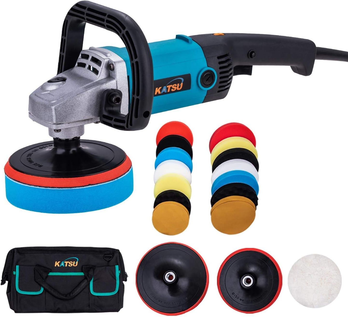 KATSU Car Polisher 1200W 150mm 180mm with 20PCs Polishing Sponge Set and Tool Bag