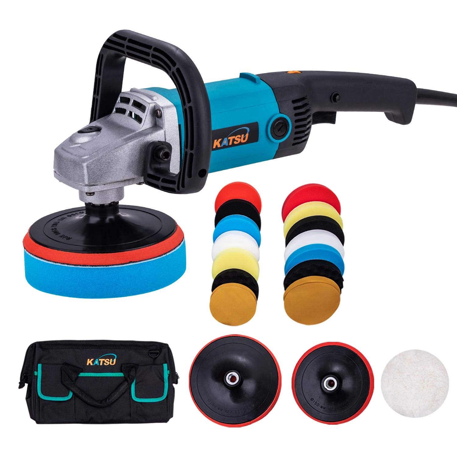 KATSU Car Polisher 1200W 150mm 180mm with 20PCs Polishing Sponge Set and Tool Bag, 6 Variable Speeds Electric Car Buffer Polishing Waxing Machine, Car Detailing Kit 100317S