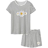 Cozchique Summer Pajamas for Girls – Stripe & Glittering Heart PJS Pal Cute Jammies Set Big Kids Size 4T-18