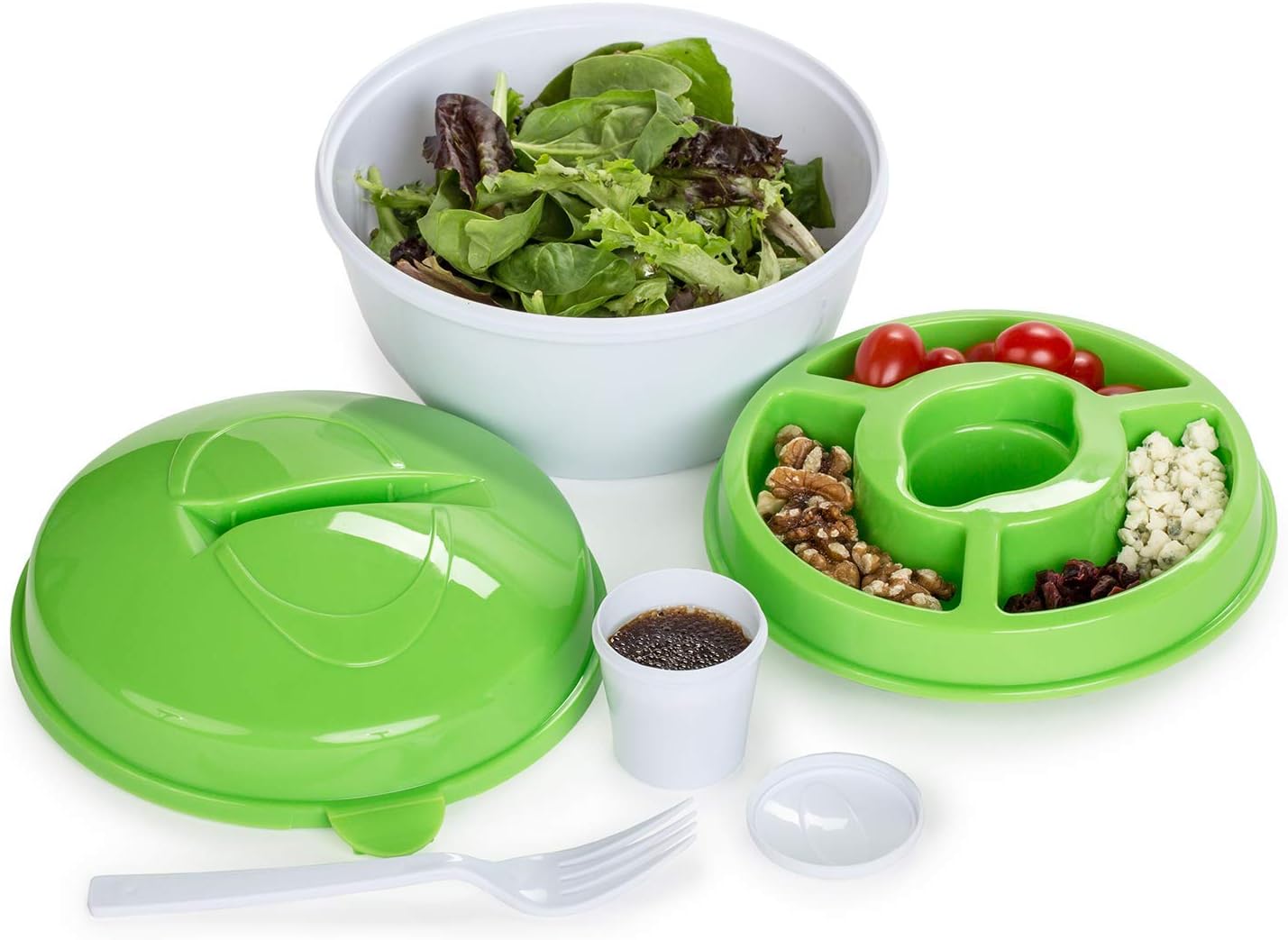 All in One Salad To-Go Container - Portable & Airtight Canister with Dressing Compartment, Multiple Top Storage & Attachable Fork