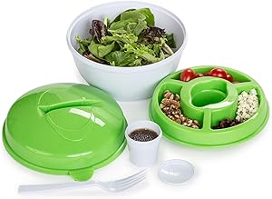 All in One Salad To-Go Container - Portable & Airtight Canister with Dressing Compartment, Multiple Top Storage & Attachable Fork