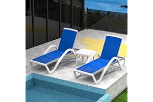 DOMI OUTDOOR LIVING Domi Patio Chaise Lounge Chair Set of 3,Outdoor Aluminum Polypropylene Sunbathing Chair with Adjustable Backrest,Arm,Side Table,for Beach,Yard,Balcony,Poolside(2 Blue Chairs W/Table)