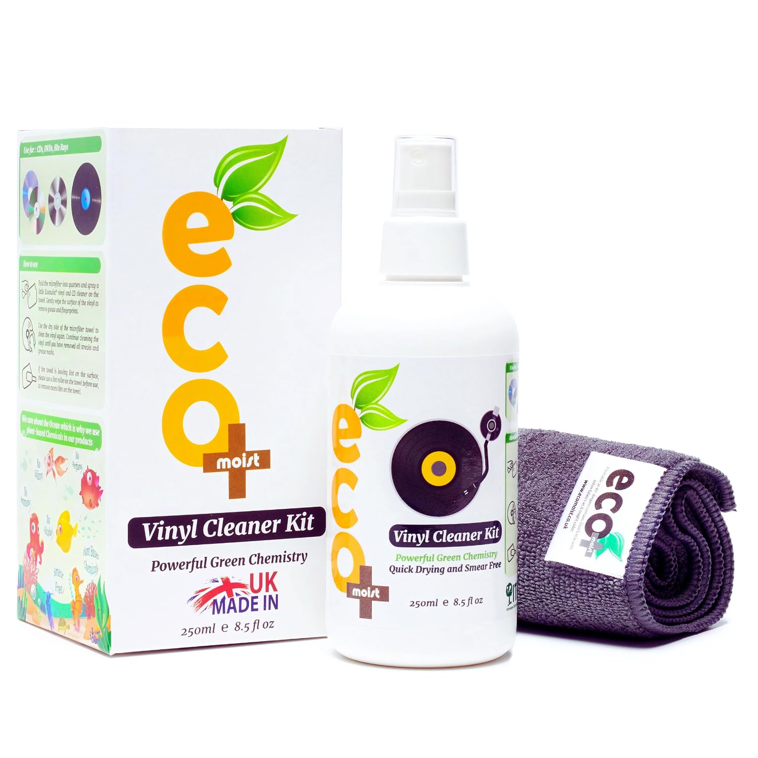 Ecomoist Vinyl Cleaner Kit 250ML with Fine Microfiber Towel, Made in The UK. Green Product.