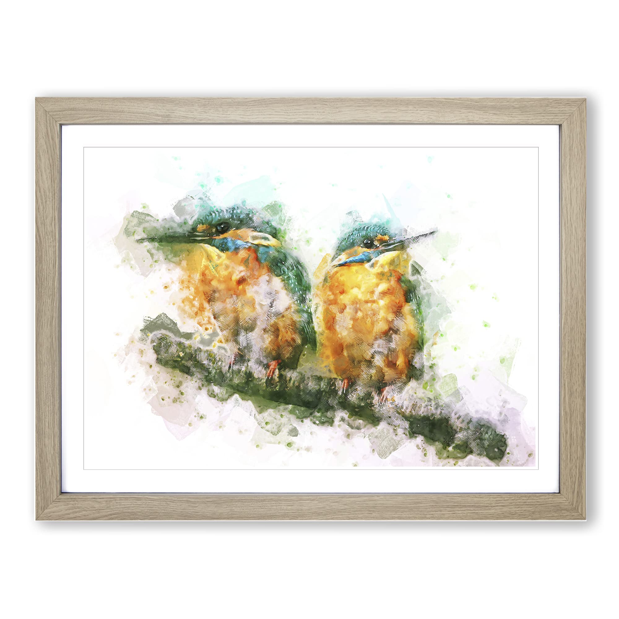 Pair Of Kingfisher Birds In Abstract Modern Art Framed Wall Art Print, Ready to Hang Picture for Living Room Bedroom Home Office Décor, Oak A4 (34 x 25 cm)