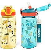wooshwa Kids Water Bottle for School or Travel, 20 Oz 2 Pack Durable Plastic Water Bottle with Silicone Straw and Pop-Up Spout Cover, BPA Free & Dishwasher Safe(Excavator & Dinosaur)