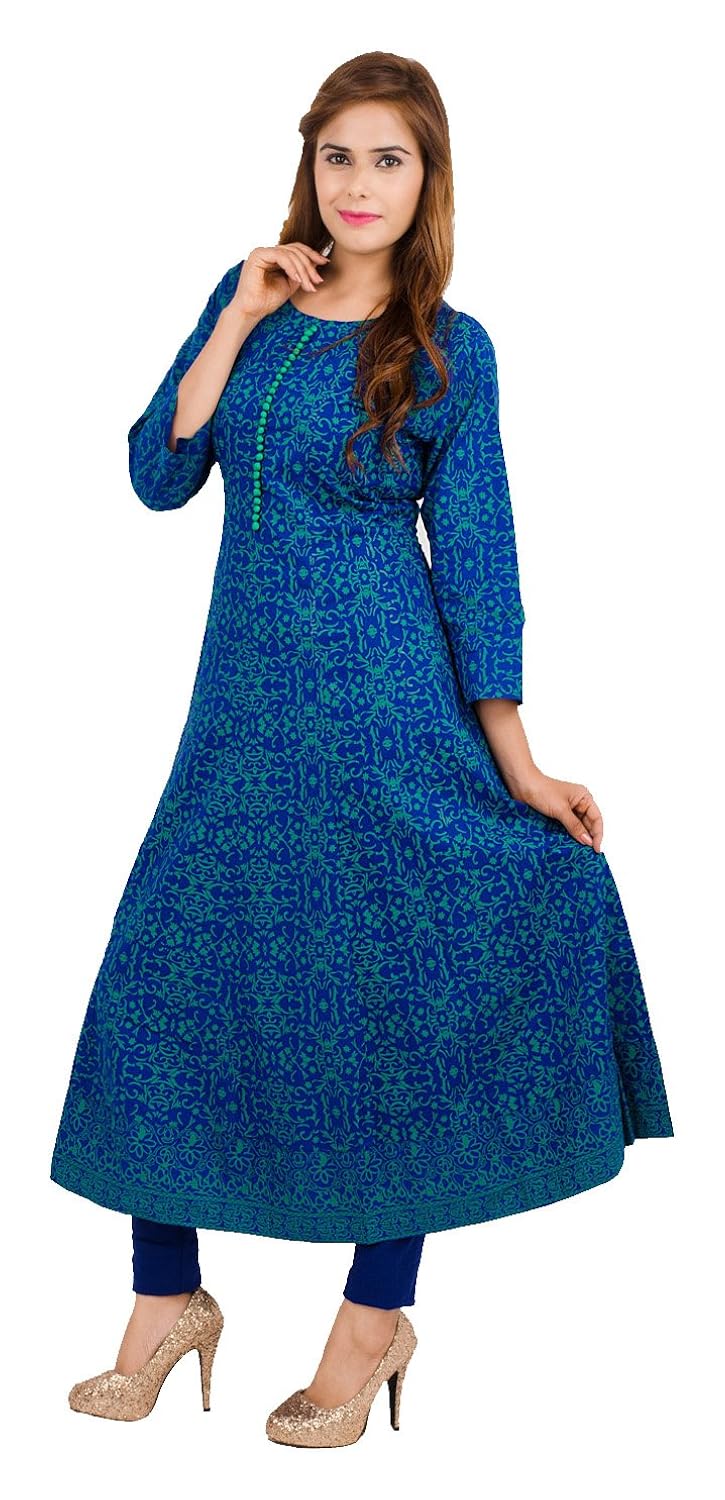 zoeyam's women's cotton printed long anarkali kurti (blue)