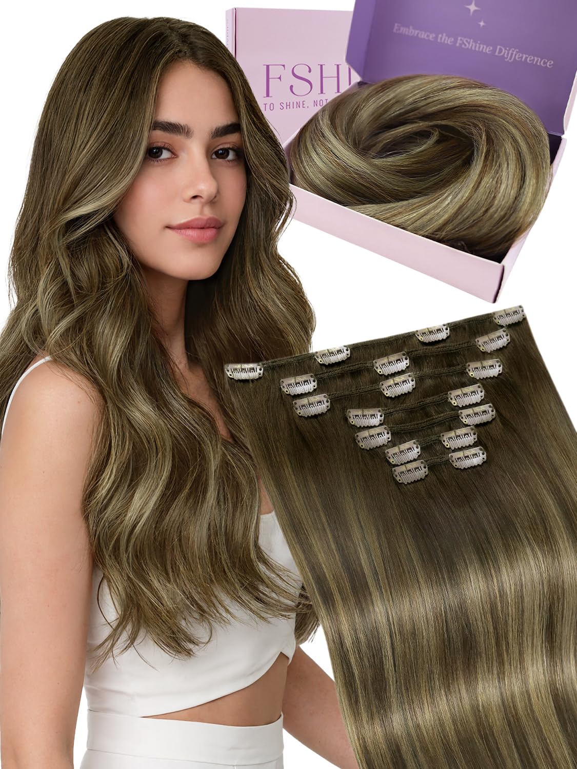 Fshine Real Hair Extensions Clip in Human Hair 20 Inch/50CM Color 4 Chocolate Brown to 27 Caramel Blonde Balayage Extensions Human Hair Remy 120g 7 Pcs Straight Hair Extensions