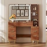 Chrangmay Modern Vanity Desk with 31.5" Mirror and Lights,Makeup Vanity Table with 8 Drawers,Makeup Desk with Power Outlet,Nightstand,Dressing Table for Bedroom,Women and Girls, Brown