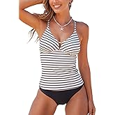 CUPSHE Women's Tankini Sets High Waisted V Neck Two Piece Bathing Suits Crossback Self Tie Adjustable Straps Swimwear