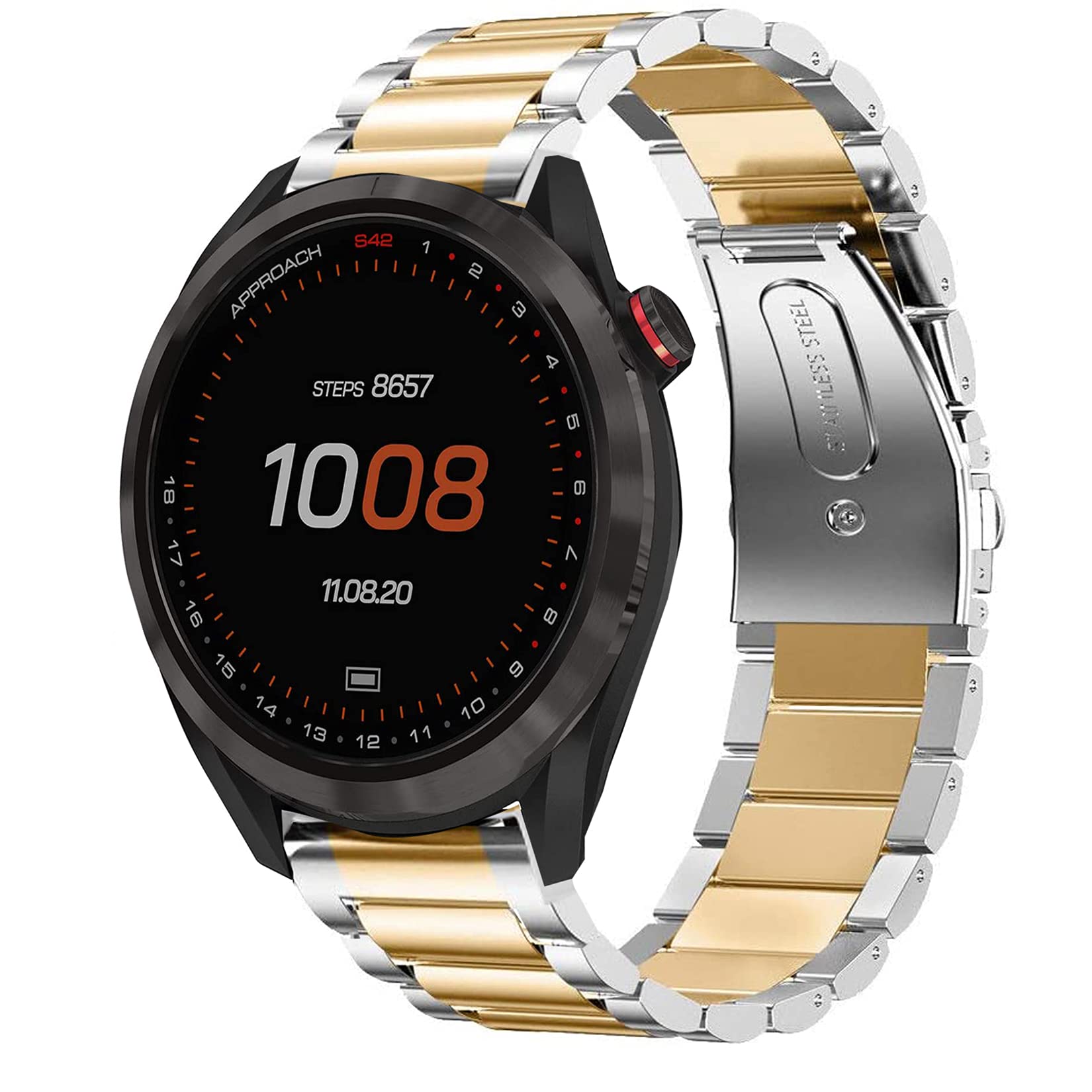 Giaogor Compatible with Garmin Approach S42 Band, Quick Release Stainless Steel Metal Replacement Straps Compatible with Garmin Approach S42 / Approach S12 / Garmin Forerunner 55 (Silver-Gold) — image 1