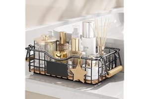 Qcold Bathroom Organizer Basket, Bathroom Organizers and Storage - Bathroom Counter Organizer with Handle - Wire Shelf Basket - Bathroom Counter top tray for Organizing, Farmhouse Decor - S Black