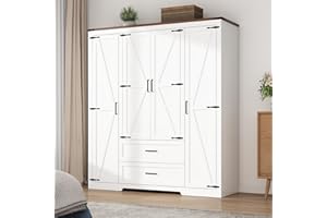 Hlivelood 4 Doors Wardrobe Armoire Closet with Doors and Drawers, Farmhouse Wooden Armoire Storage Cabinet with Shelves & Hanging Rod for Bedroom, White