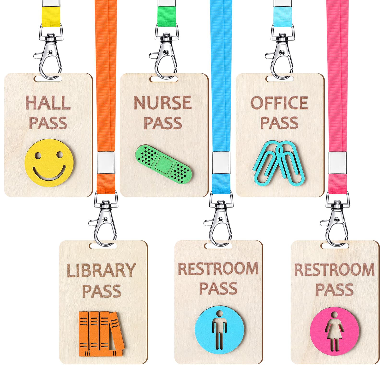 Photo 1 of Chiisong 6 Sets Hall Pass Lanyards and School Passes Set Unbreakable Wooden Bathroom Passes for Classrooms Hall, Restroom, Library, Office and Nurse School Teacher Supplies Gift