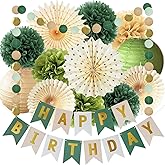 Green Birthday Party Decorations Olive Green Birthday Cream Tissue Pom Poms Paper Lanterns Circle Garland Hanging Paper Fans for Girls Women Neutral Boho Birth Day Decorations
