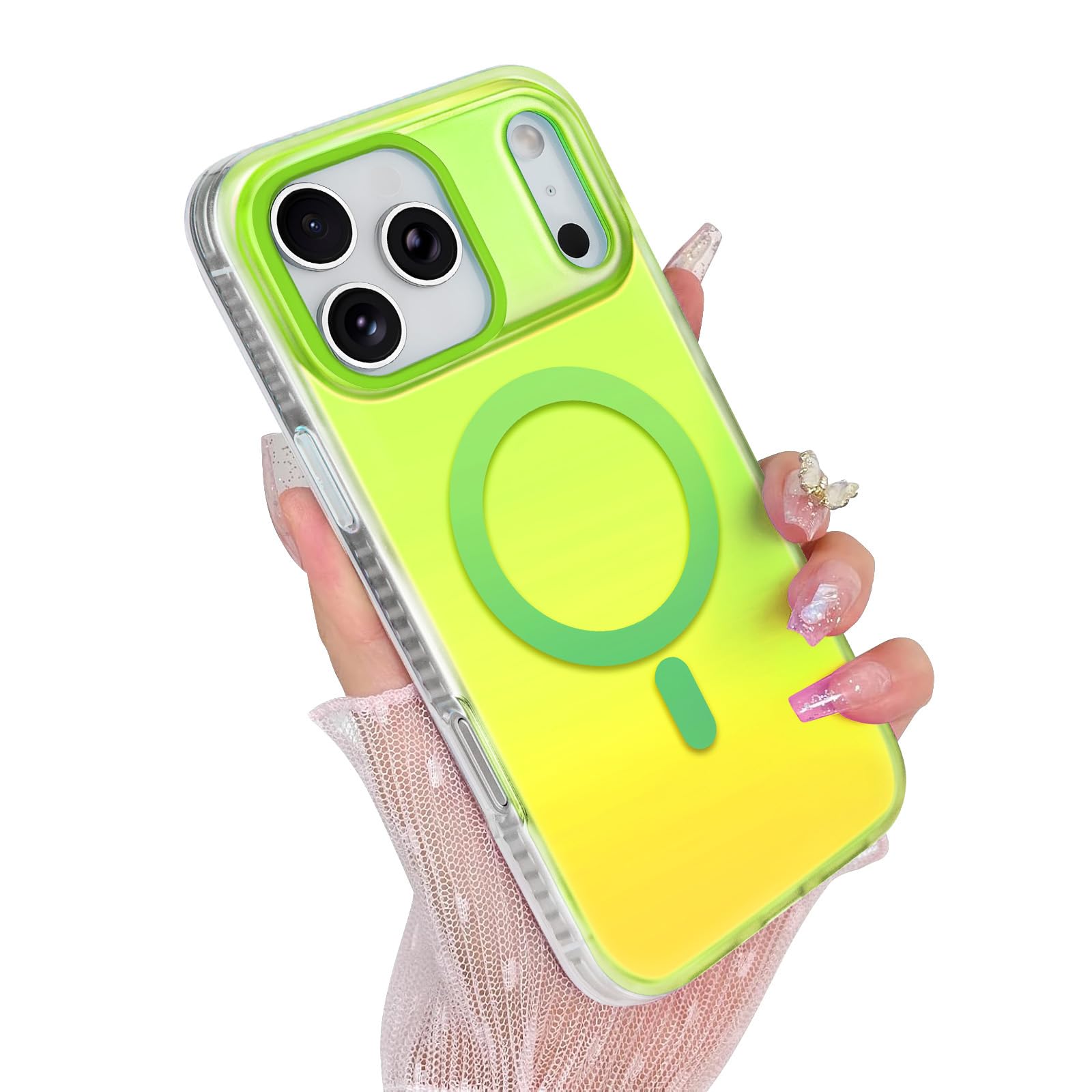 Amzfield Magnetic for iPhone 17 Pro Case, Compatible with MagSafe Cute Colorful Gradient Iridescent Matte Shockproof Protective Rainbow Aesthetic Phone Case for Women Girls Green & Yellow