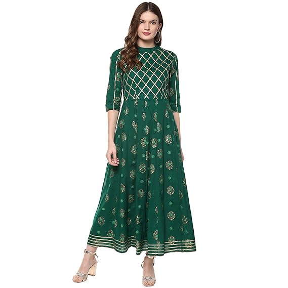 Women's Gold Print Dark Green Anarkali Cotton Kurta