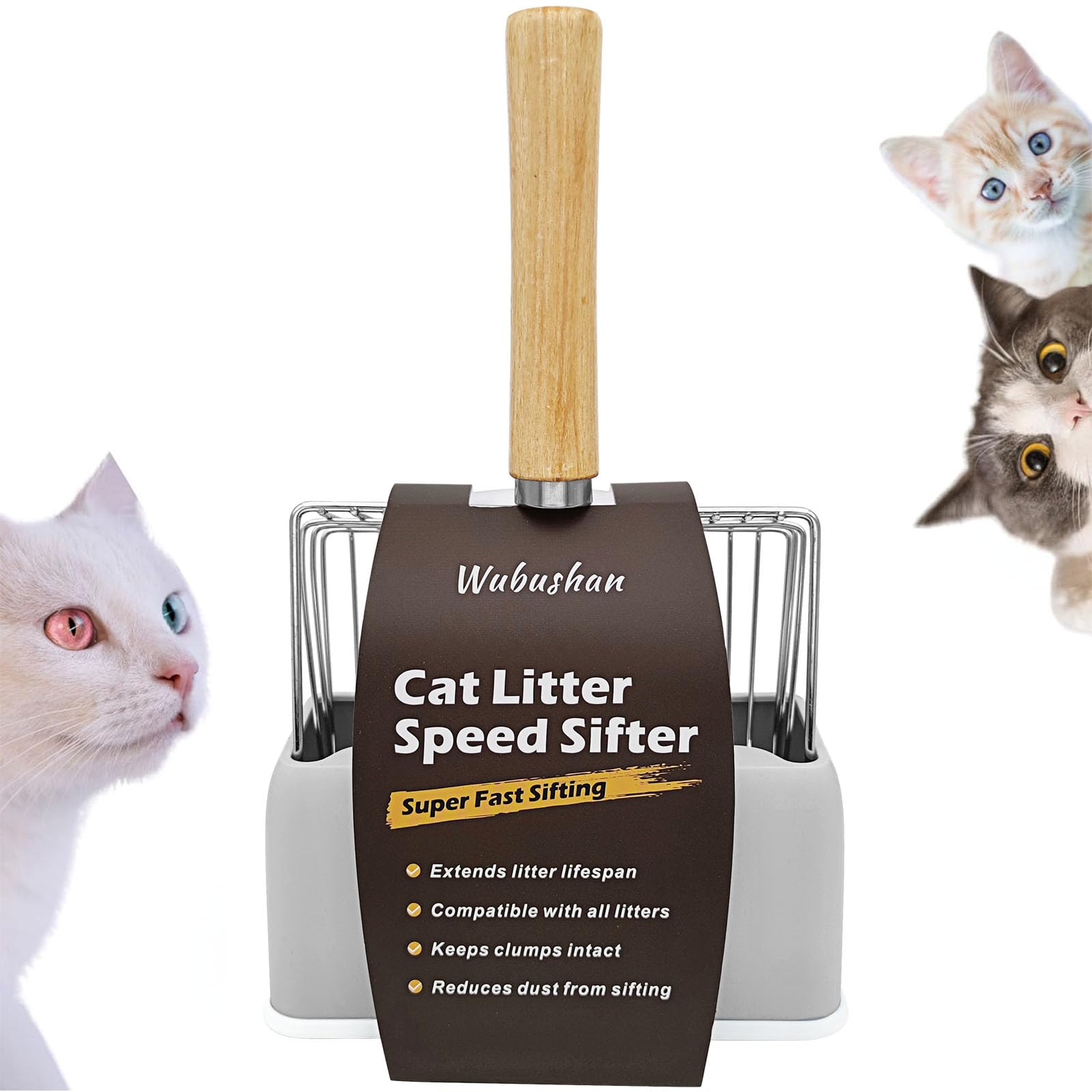 Wubushan Cat litter scoop with holder, Metal litter scoop with stand, Cat scoop with wooden handle, hole spacing 7mm, length 28cm, litter tray scoop, cat scoop for litter box