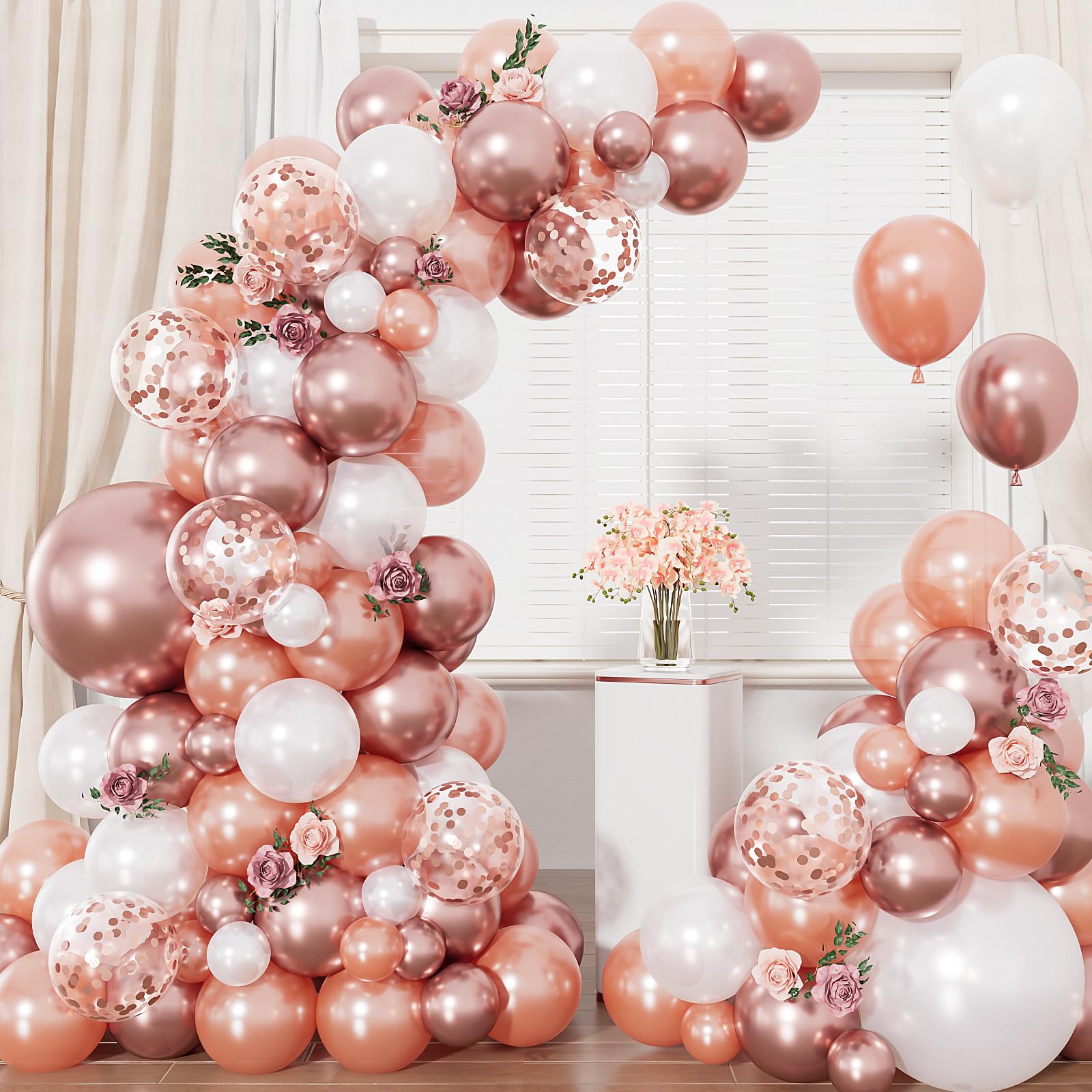 Photo 1 of Rose Gold Balloon Garland Arch Kit, Metallic Rose Gold Pearl White and Glitter Confetti Balloons, Rose Gold Party Decor for Wedding Backdrop, Birthday, Baby Shower, Photo Booth, Retirement Party Decro