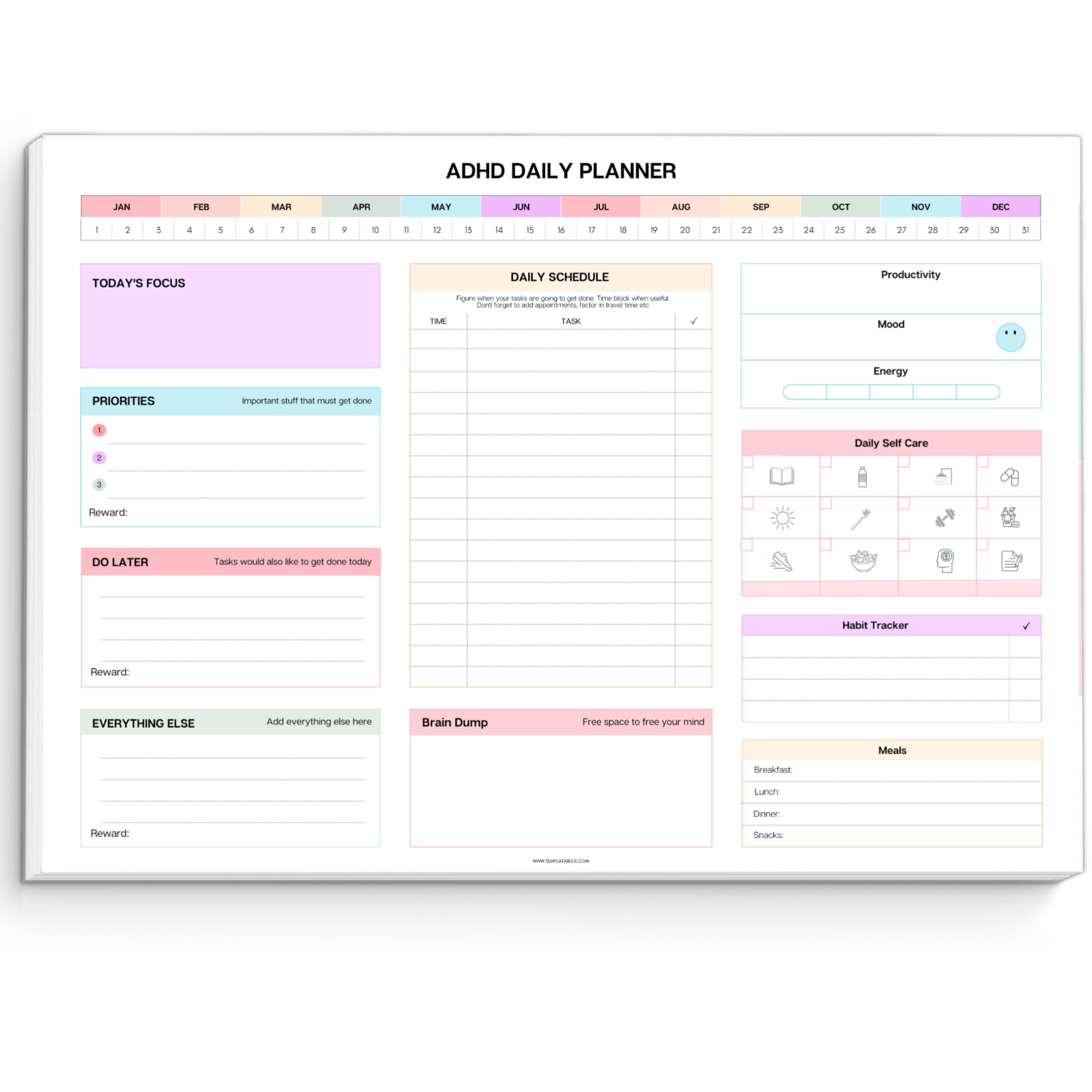 ADHD Daily Planner Notepad for Neurodivergent Adults - Productivity Daily Planner Desk Pad & Task Management to Stay Organized and Focused Note Pad (Rainbow, A4 Landscape)