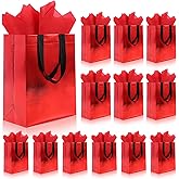 Addblu 12 Pack Reusable Gift Bags with Handles & 24 Tissue Papers, 10x4x8 Inch Iridescent Gift Bags with Cardboard Bases for Shopping, Parties, Birthdays, Weddings, Holiday (Red Gift Bag)
