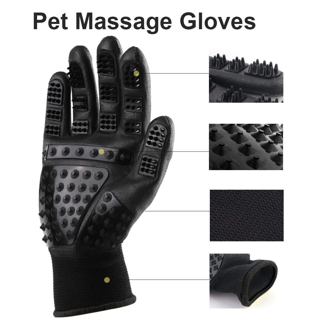 ACTOPP Pet Grooming Gloves Hair Remover Deshedding Massaging Bathing Tool Glove Brush Effective for Long and Short Hair Dogs, Hats, Horses, One pair 23X12X1 CM (Black)