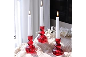 Woho Red Candlestick Holders Set of 3 for Christmas Decorations, 4.3" H Vintage Ribbed Taper Candle Holders for Dining Table, Glass Candle Sticks Holder Decor for Valentines Day/Patriotic Holidays