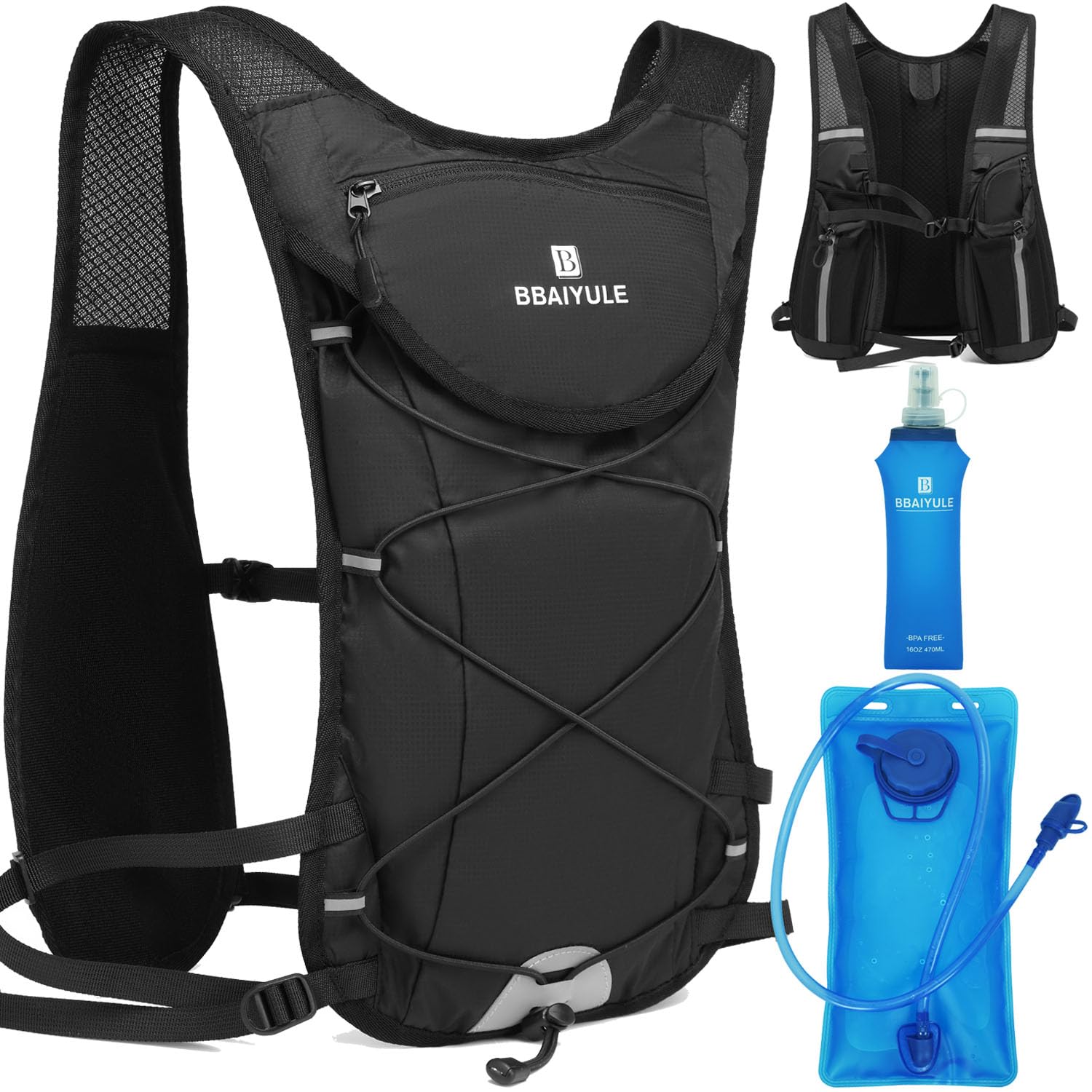 BBAIYULE Running Vest Hydration Backpack, Large Cycling Water Pack,Breathable and Adjustable Biking Backpack for Outdoor Running Cycling Climbing Hiking Walking (With 2L Bladder and 470ml soft flask)