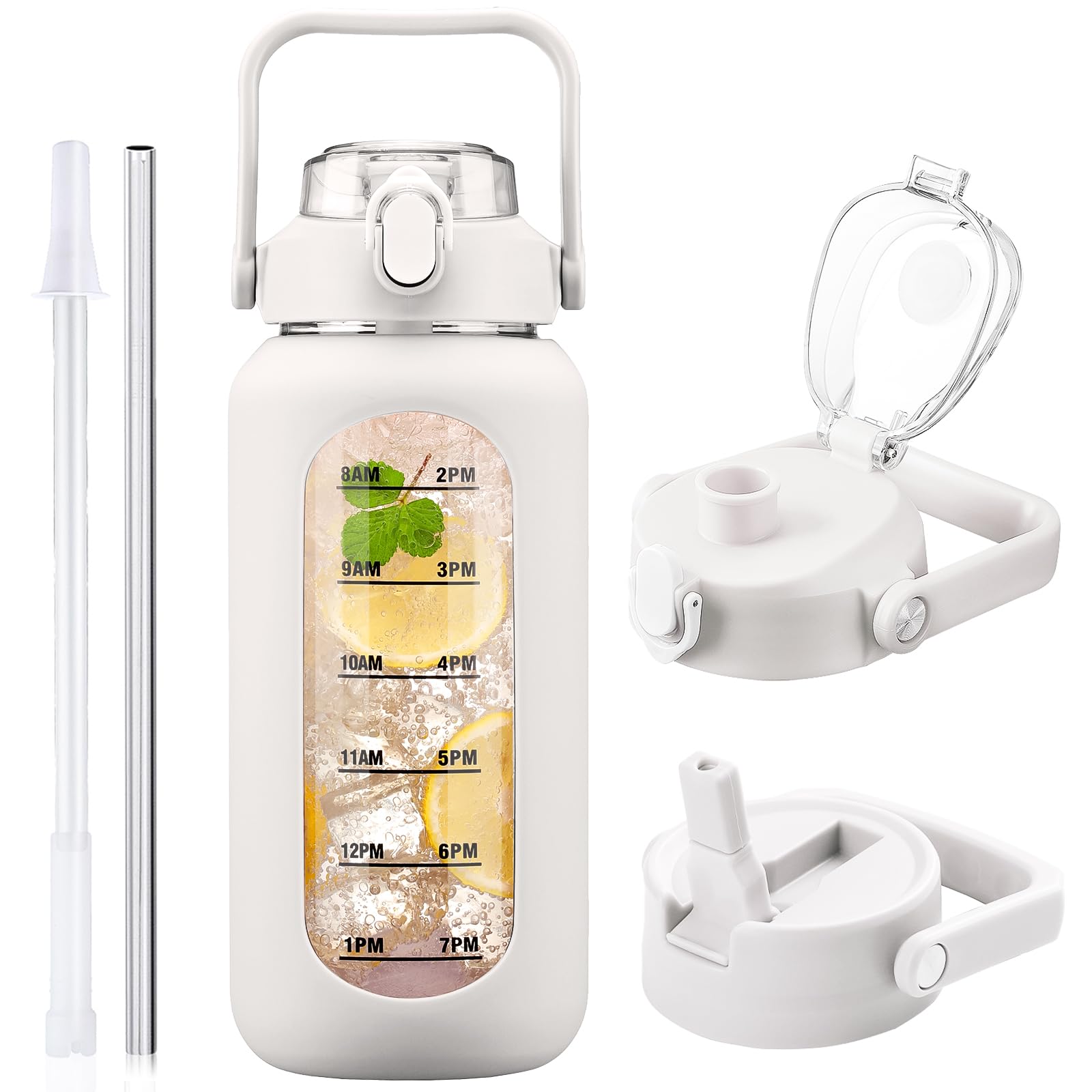 HYDRAGLAZIC 2L Glass Water Bottle with 2 Lids Flip and Chug Lids 2 Liter Large Water Jug with Time Marker and Silicone Sleeve BPA Free Leak-proof for Sports Gym, White
