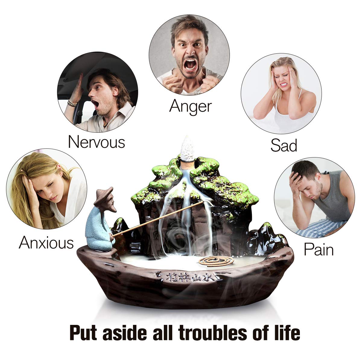 Jeteven Big Ceramic Incense Burner Backflow Incense Burner Holder + 10pcs Incense Cones Incense Stick Holder for Home Office Decor 7.48\'\'X4.53\'\'X4.72\'\'