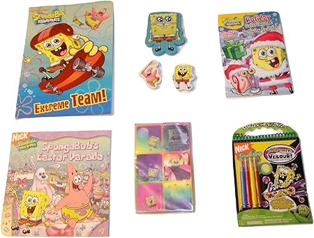 Amazon Meggan S Warehouse スポンジボブ スクエアパンツ アクティビティ ギフトセット 年中楽しい 塗り絵 ペーパーバック クリスマスアクティビティ ブックレット ステッカー サプライズベロア 形消しゴム 7アイテム 1バンドル お絵かき ねんど シール おもちゃ