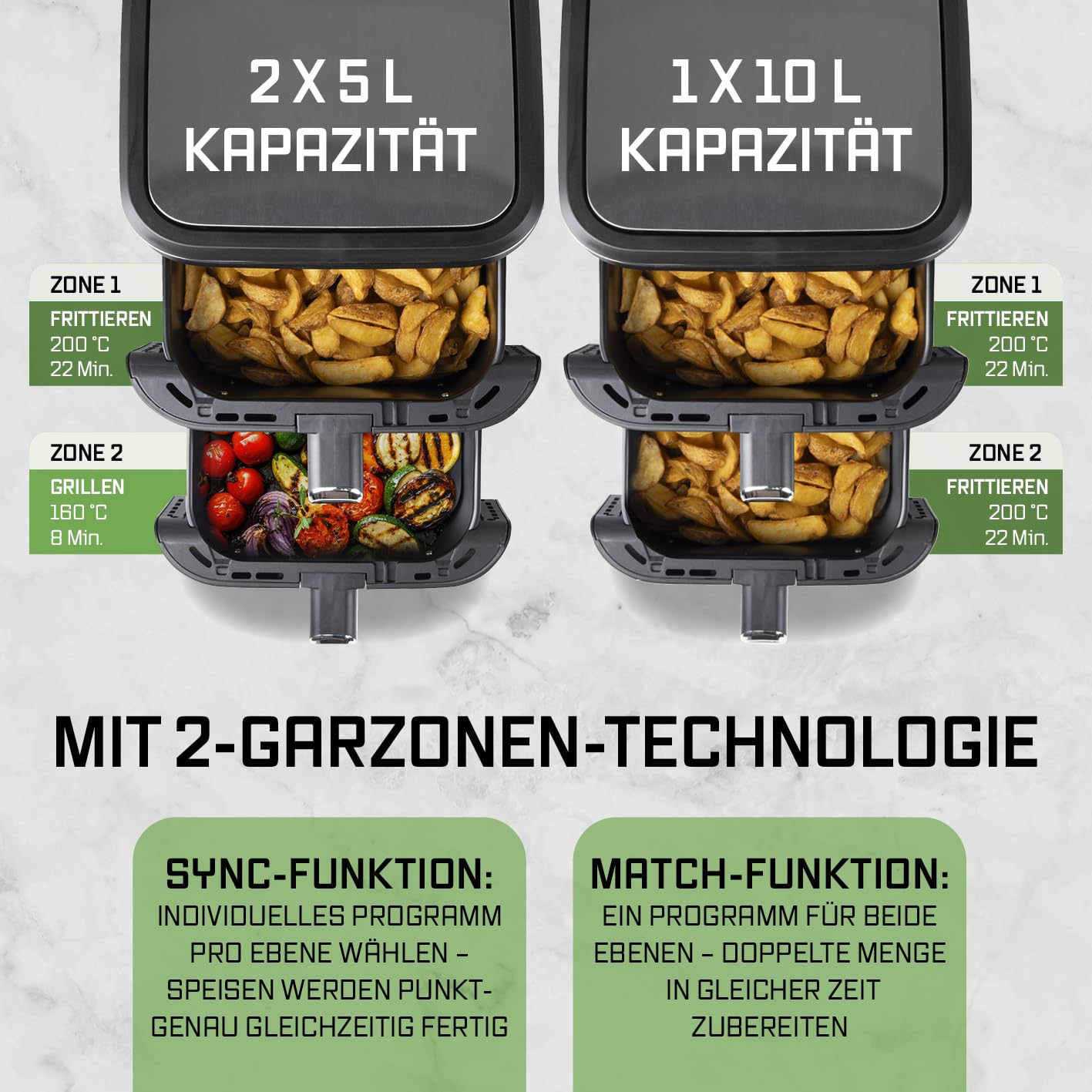 GOURMETmaxx FryUp Vertikale Doppelkammer Heißluftfritteuse | vertikaler Airfryer | klappbares Touchdisplay | 32% platzsparender | Fassungsvermögen 10L | Heißluftfritteuse 2 Kammern 3