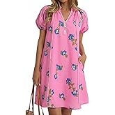 Cicy Bell Womens Summer Puff Sleeve Mini Dresses Floral Print Ruffle Button V Neck Dress Loose Fit Patchwork Beach Outfits