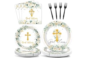 NAOZINEBI God Bless Plates and Napkins Baptism Tableware Set First Communion Party Paper Plates for Christening Newborn Dinnerware Cross White Floral Plate Mi Bautizo Baby Shower Decoration Supplies Serve 24