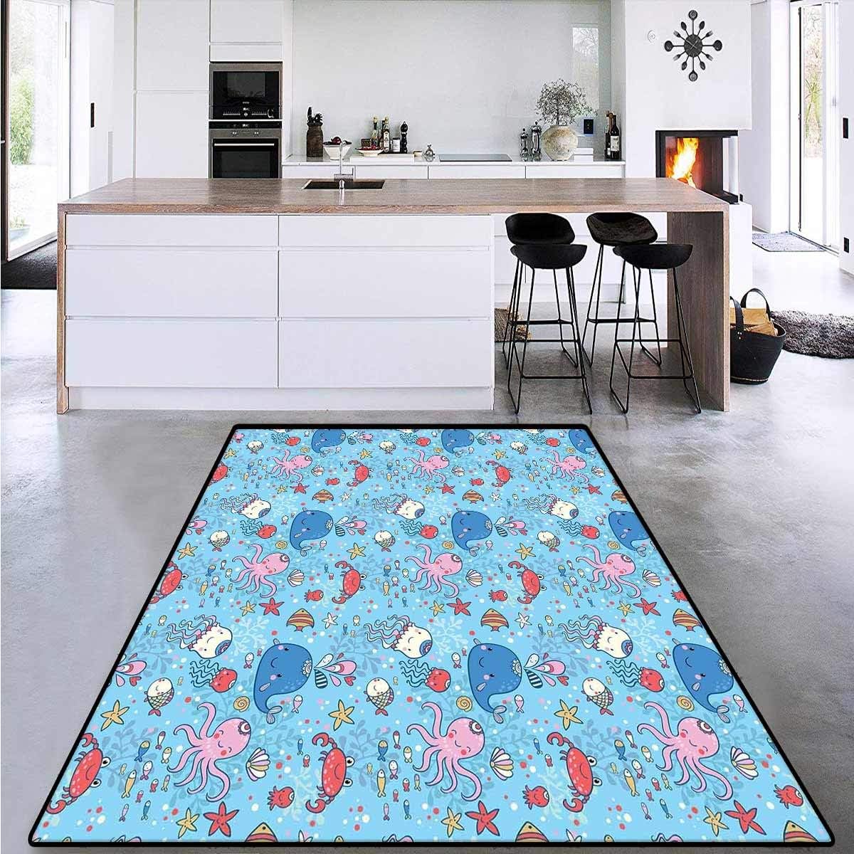 Underwater, Floor Mat for Kids, Marine Theme Cute Cartoon Sea Animals Octopus Jellyfish Aquarium Kids Design, Area Rug Boys Room 6' x 9' Multicolor