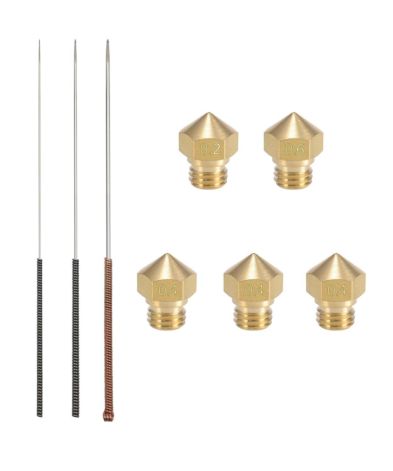 Kweiny MK10 Nozzle Multi Size for 3D Printer Makerbot Parts and Extruder Cleaning Tools Kit | M7 Thread Brass Nozzle 5 Pieces(0.2mm 0.4mm 0.6mm) and 3 Sizes Drill Bit for It